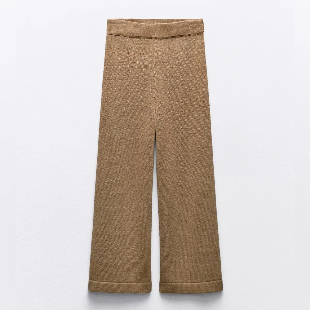 NWOT ZARA Linen blend Wide Leg High Waisted trousers Large Pull On Tan